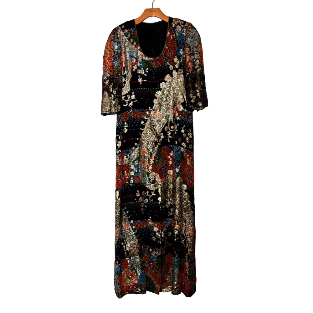 1970 Gold Lame Paisley Dress Gown Elizabeth Arden Pauline Trigere Collection